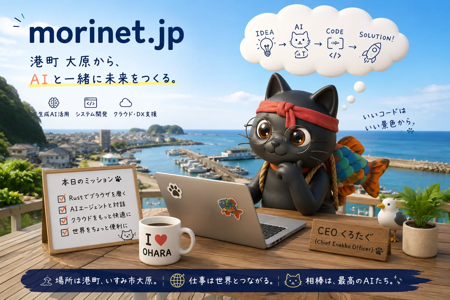 morinet.jp — 港町・いすみ市大原から、AIと一緒に未来をつくる。黒猫のCEOくろたぐがノートパソコンで仕事をしているポスター